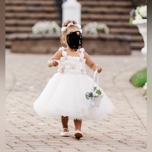 TULLEEN Rose Campanula Dress, White Toddler Flower Girl Easter Dress